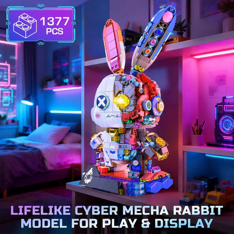 Cyberpunk Bunny Building Set With 1377 Pieces Lighting LED Eyes Exposed Gears And Lit Parts Create A Futuristic Robo Rabbit Model Kit