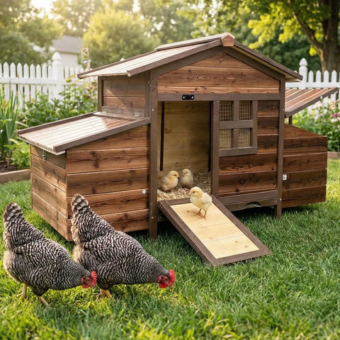Spacious Wooden Chicken Coop With Two Nesting Boxes For Your Backyard Flock shown with hens and chicks on grass.