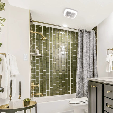 Bathroom with green tile shower, gold fixtures, and visible 1875 Watt Seven Button Countdown Timer Switch Set It And Forget It