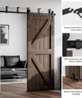 Heavy Duty Ceiling Mount Sliding Barn Door Hardware Kit For Single Door Black Finish Ceiling Track System Fits Door Thickness 1.18 To 1.96 Inches 84 Inch Wide Door J Shape Hanger Supports Up To 330 Lbs installed view with wooden door