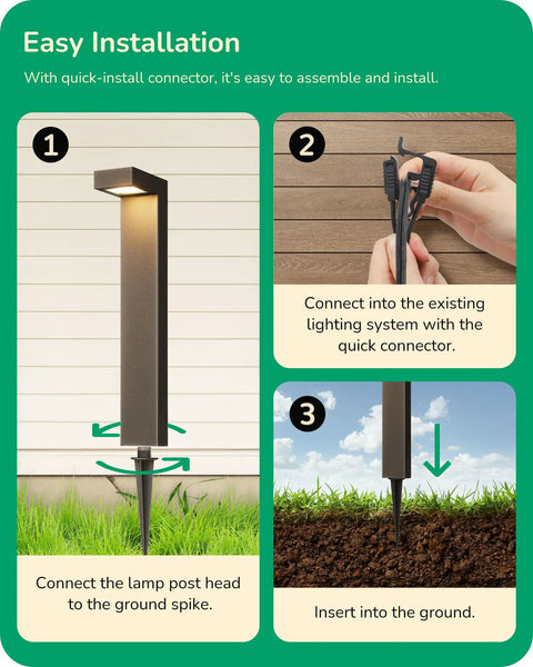 Instructional graphic showing installation of Low Voltage Pathway Lights 12V LED Outdoor Landscape Lighting Kit 4 Pack.
