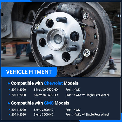 Close-up of front wheel hub and bearing assembly for 2011-2020 Chevrolet Silverado 2500 HD 3500 HD and GMC Sierra 2500 HD 3500 HD 4WD