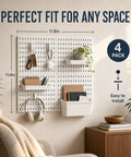 Four Pack White Pegboard Wall Organizer Kit With Thirteen Accessories For Wall Mounting In Home Office Garage And Craft Rooms Space Saving Modular Panels Twelve By Twelve Inch For Tools Storage And Hobby Gear Neatly Organized shown installed with accessories.