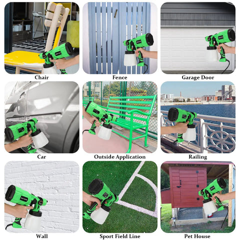 Electric Paint Sprayer For Walls Ceilings And Fences With 800ml Cup 3 Spray Patterns Horizontal Vertical Circular DIY Fence Sprayer shown in various applications