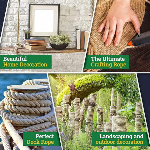 Collage of Twisted ProManila Rope UnManila 3 Strand Lightweight Polypropylene Rope in home, crafting, dock, and landscaping use