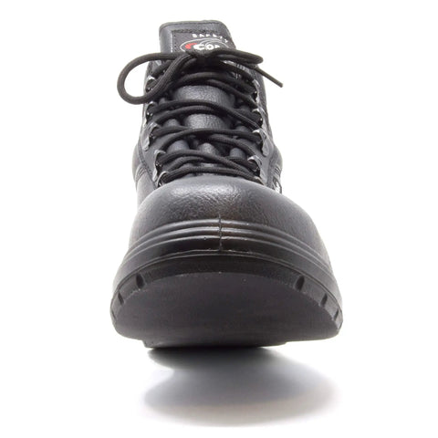 Front view of black Heat Resistant Asphalt Work Shoes With Composite Safety Toe Breathable Weatherproof Leather Upper And Heat Defender Nitrile Rubber Outsole.