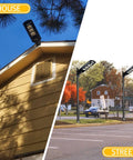 200W Solar Street Light with 6000 Lumens on house and street poles, waterproof outdoor lamp, no wiring required, wide coverage.