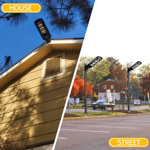 200W Solar Street Light with 6000 Lumens on house and street poles, waterproof outdoor lamp, no wiring required, wide coverage.