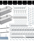All In One Pegboard Organizer Kit With 246 Pieces Hooks Bins Baskets Paper Towel Holder For One Eighth And One Quarter Pegboard Garage Tool Storage And Hanging Solutions To Keep Your Shop On Point displayed on white backdrop.