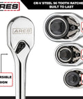 Full Polish Ratchet Set With One Quarter Inch, Three-Eighth Inch, And One Half Inch Drives, Ninety-Tooth Reversible Mechanism