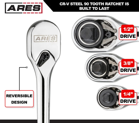 Full Polish Ratchet Set With One Quarter Inch, Three-Eighth Inch, And One Half Inch Drives, Ninety-Tooth Reversible Mechanism