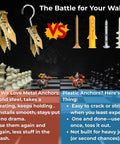 Comparison of metal vs plastic anchors in 120 Piece Self Drilling Drywall Anchors And Screws Kit With Hooks, 60 Anchors, 50 Screws, And 10 Hooks, Light Duty Picture Frame Hangers Value Pack For Plasterboard Gypsum Board And Hollow Walls, No Pre Drill Install