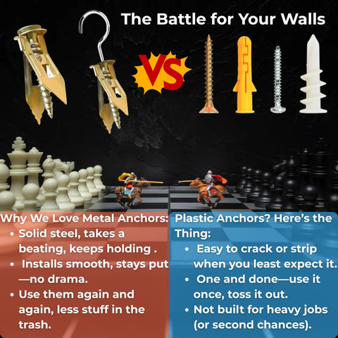 Comparison of metal vs plastic anchors in 120 Piece Self Drilling Drywall Anchors And Screws Kit With Hooks, 60 Anchors, 50 Screws, And 10 Hooks, Light Duty Picture Frame Hangers Value Pack For Plasterboard Gypsum Board And Hollow Walls, No Pre Drill Install