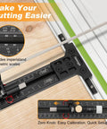 Precision Track Saw Parallel Guide System Featuring Micro Adjustable Flip Stop and Zero Calibration Fence, showing metric and imperial scales.