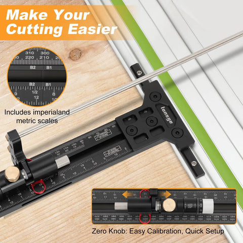 Precision Track Saw Parallel Guide System Featuring Micro Adjustable Flip Stop and Zero Calibration Fence, showing metric and imperial scales.