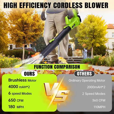 High efficiency cordless blower comparison with focus on Powerful Cordless Leaf Blower With Brushless Motor, 650 CFM, 180 MPH