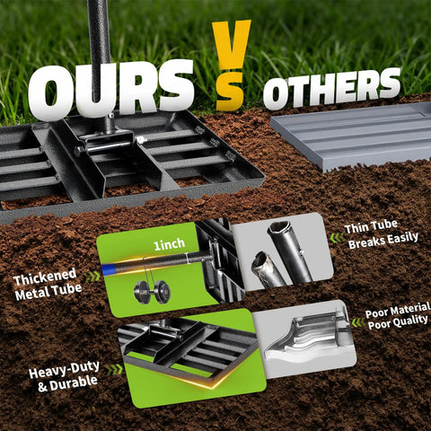 Comparison showing 6 Foot Lawn Leveling Rake With 17 By 10 Inch Head highlighting thickened metal tube and durability vs others.