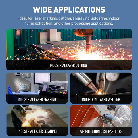 Industrial laser cutting process showcasing sparks and fume extraction, highlighting Heavy Duty 1200W Laser Smoke Purifier And Fume Extractor With Auto Backflush Plus H13 True HEPA Filter For Badass Suction On Fiber Laser Welding and Soldering No Sweat Cleanup.