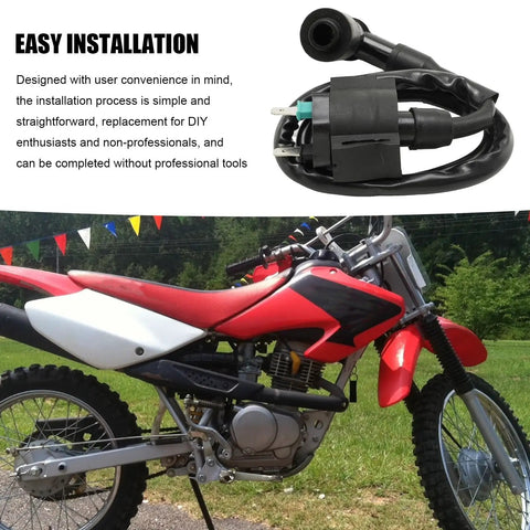 Honda CDI Box Igniter With Ignition Coil And Spark Plug Replacement Kit For CRF80F CRF100F XR80R XR100R 1992-2013 All-In-One Ignition System Durable Easy Install Race-Ready Electrical Assembly shown next to a red Honda dirt bike for easy installation illustration, emphasizing the product's compatibility and user-friendly setup.