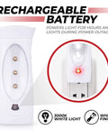 Six Pack LED Emergency Lights For Home Power Outage showing rechargeable battery and plug-in flashlight feature