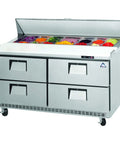 Two Door Four Drawer Sandwich Prep Table With Back Mount Compressor 47.5 Inches 13 Cubic Feet NSF Certified with food prep ingredients.