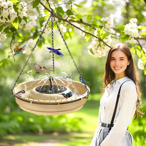 Large Solar Powered Bird Bath Fountain Kit With Four Spray Nozzles For Hummingbirds 1.67 Gallon Hanging Bath Bowl in garden