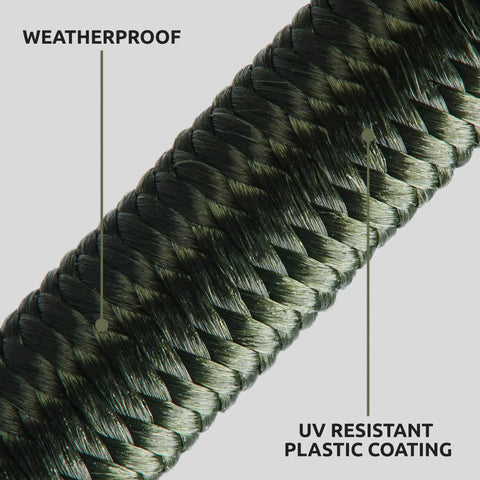 Close-up of the 8mm woven polypropylene cord of Beefy 12 Inch Bungee Cords With Hooks, showing weatherproof and UV resistant features.