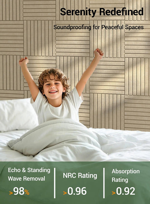 Deep Camel Soundproof Wall Panels 12 Pack Self Adhesive Acoustic Foam Tiles 12X12 Inch used in a child's bedroom to reduce noise.