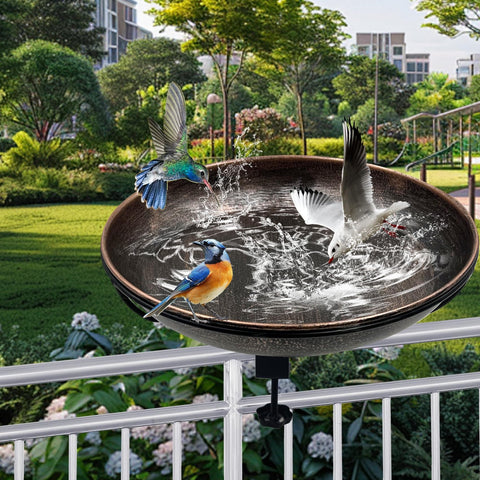Deck Mounted Bird Bath With Detachable 12 Inch Bowl Thats A Breeze To Clean 0.7 Gallon Capacity Metal Bird Bath on railing
