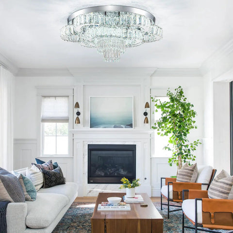 Living room with 21 Inch Crystal LED Flush Mount Chandelier with K9 Crystals and Polished Stainless Steel, cool white glow.