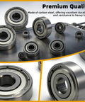60 Piece Deep Groove Ball Bearing Assortment Kit In Six Sizes 608ZZ 693ZZ 695ZZ 626ZZ 627ZZ 6000ZZ on metal surface
