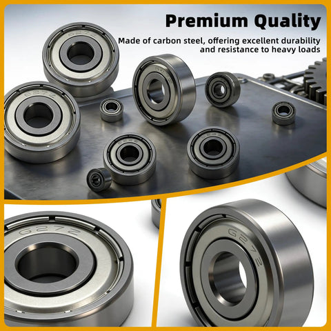 60 Piece Deep Groove Ball Bearing Assortment Kit In Six Sizes 608ZZ 693ZZ 695ZZ 626ZZ 627ZZ 6000ZZ on metal surface