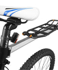 Side view of seatpost mounted rear bike rack with quick release for 26 inch and 700c frames, lightweight anodized aluminum cargo carrier.