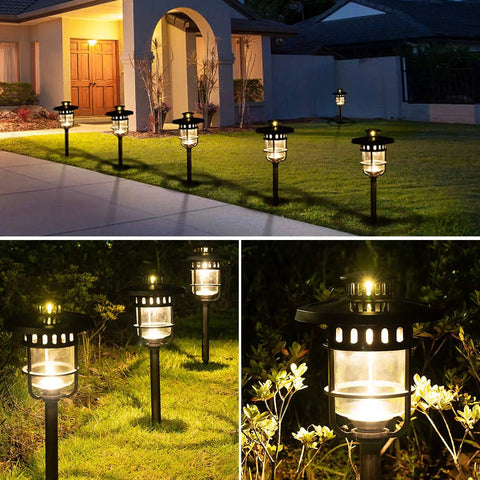 Six Pack Solar Path Lights Outdoor Glass And Bronze Finish With High Lumen Output Two Bright LEDs Waterproof Auto On At Dusk