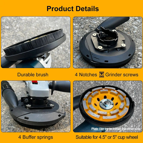 All-In-One Angle Grinder Dust Shroud 4.5 and 5 Inch With Diamond Concrete Grinding Wheel, Fits Most Grinders, shown in four sections