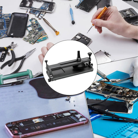 Phone LCD Display Separator Pro Tool For Quick Screen Removal, shown with phones and repair tools in a tech shop setting.