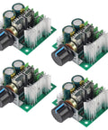 Four Pack PWM DC Motor Speed Controller Switch 12V To 40V 10A Auto Regulator Governor 13KHz Dimmer Voltage Switch For 12V 24V 30V And 40V Motors Built Tough 400W Output For Smooth Precise Speed Control shown from above with knob and heat sink details