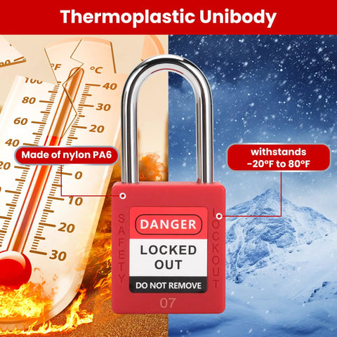 Red OSHA Compliant Lockout Tagout Padlock showing temperature resistance with nylon PA6 body