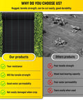 Comparison chart showing Heavy Duty 3.5 Oz Landscape Fabric 6 Ft Wide By 300 Ft Long Workhorse Ground Cover benefits versus others.