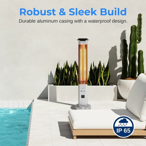 Outdoor Electric Patio Heater With Remote Control 900W Infrared Heat For Instant Warmth Aluminum Reflector IP65 Weatherproof Quiet Standing Porch Heater For Patio And Backyard Ideal For Cold Nights And Chill Evenings on a patio near pool