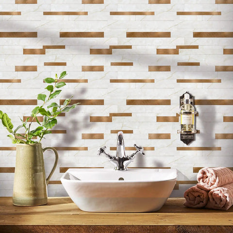 Peel And Stick Backsplash Tiles 10 Sheets Real Texture Marble White Copper Look Subway Style Aluminum PVC Wall Tiles for kitchen