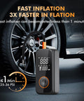 Cordless Tire Inflator With 150 PSI Capacity, 3X Faster Air Pump near car tire showcasing digital gauge and hose