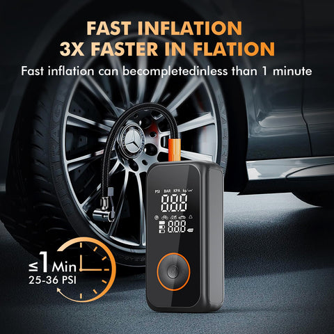 Cordless Tire Inflator With 150 PSI Capacity, 3X Faster Air Pump near car tire showcasing digital gauge and hose