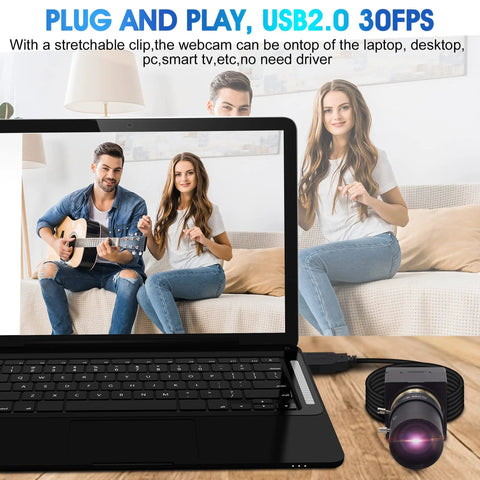 USB Camera 5MP Webcam With 5-50mm Telephoto Manual Focus Lens And 10X Optical Zoom Perfect For Close Up And Distant Shots, shown on laptop with video call