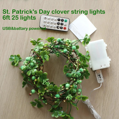 St. Patrick's Day clover string lights with remote and battery pack on a wooden table, 6 ft length, 25 green lights.
