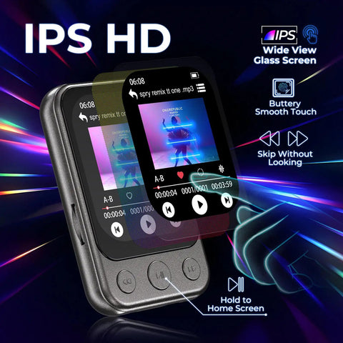 64GB Clip MP3 Player With Bluetooth 5.3 And Built In Speaker, 2 Inch IPS HD Touchscreen highlighted with visual effects