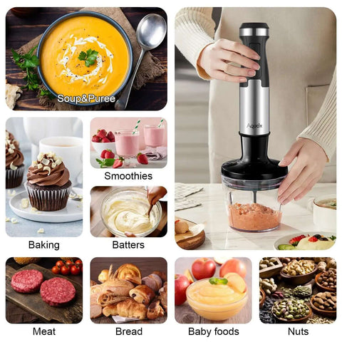 Powerful 1500W Corded Immersion Blender Handheld 5 In 1 Mixing Kit With 20 Speed Options Turbo Boost in use for soups and smoothies.