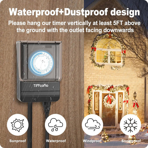 Heavy Duty Waterproof Mechanical Outdoor Timer Outlet Featuring Dual Grounded Plug In Sockets For Foolproof Daily Yard Garden And Patio Auto Lighting Schedule Setup mounted 5 feet high on a wall.