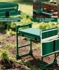 Heavy Duty Garden Kneeler And Seat For Seniors With 420 Lbs Capacity Anti Tip Multifunctional Gardening Stool Bench Widened Soft Kneeling Pad Tool Bag And Foldable Design For Easy Garden Projects in green, with tool storage.
