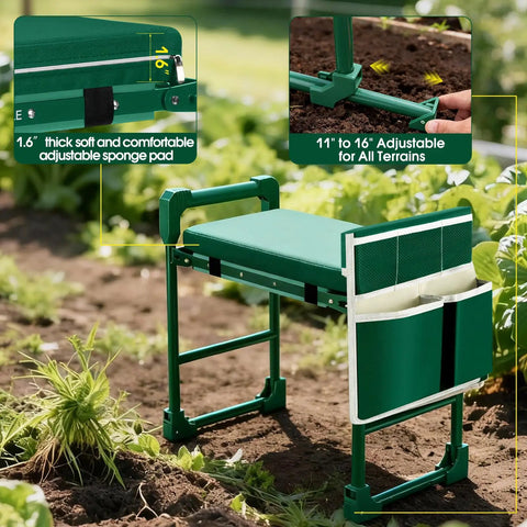 Heavy Duty Garden Kneeler And Seat For Seniors With 420 Lbs Capacity Anti Tip Multifunctional Gardening Stool Bench Widened Soft Kneeling Pad Tool Bag And Foldable Design For Easy Garden Projects in green, with tool storage.